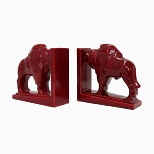 Fermalibri Art Deco in ceramica smaltata rossa, Belgio, anni '20, set di 2