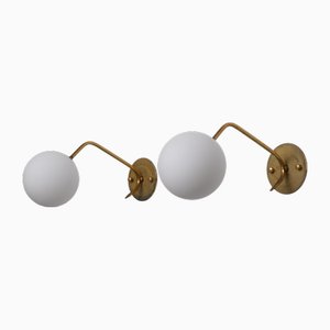 Italian Brass Sconces with Opaline Glass Globes, 1950s, Set of 2