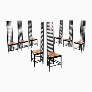 Italian Black Wood and Pink Fabric Hill House Chairs by Charles Rennie Mackintosh for Cassina, 1980s, Set of 8