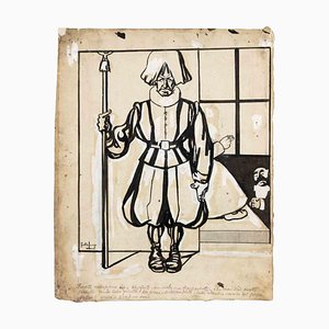 Gabriele Galantara, The Guard, China Ink and White Lead Drawing, Early 20th Century