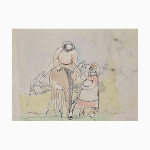 Mino Maccari, Peasants, Mixed Media on Paper, 1960s
