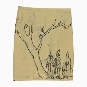 Gabriele Galantara, Under the Tree, China Ink and White Lead Drawing, 1910s