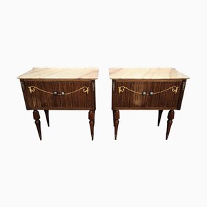 Italian Art Deco Nightstands in Burl Veneer Wood with Marble Top, 1950s, Set of 2