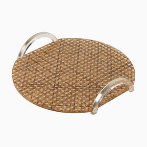 Mid-Century Modern Serving Tray in Acrylic and Wicker from Christian Dior, 1970s
