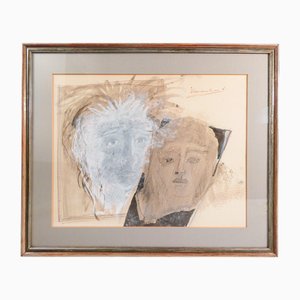 Italian Artist, Portraits, Mixed Media on Paper, Framed
