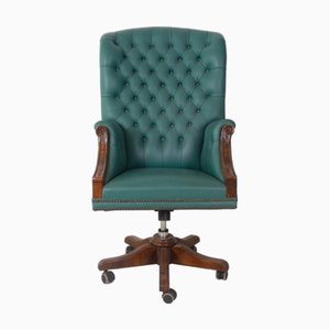 Vintage Swivel Office Chair in Green Leather and Carved Wood