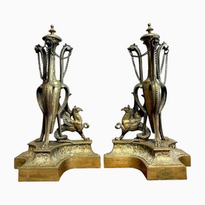 Large Castle Andirons in Gilded Bronze, Set of 2