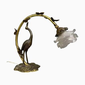 Large Art Nouveau Heron Lamp in Bronze with Double Patina