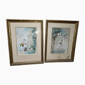 Eugène Grivaz, Young Ladies, Late 19th Century, Watercolors on Paper, Framed, Set of 2