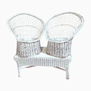 Vintage Bench and Chairs in White Lacquered Rattan, Set of 3