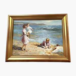 Francis Cristaux, The Beach, 1950s, Large Oil on Canvas, Framed
