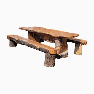 Folk Art Wooden Table with Benches, Set of 3
