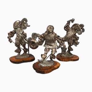 Sculture vintage di tre moschettieri in antimonio su base in legno, anni '60, set di 3