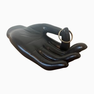Modern Abstract Black Glazed Ceramic Hand Ring Dish, 1970s