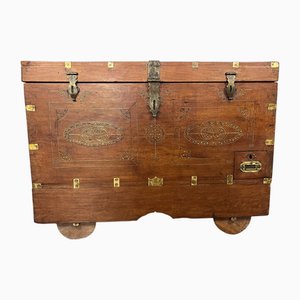 Antique Anglo-Indian Marriage Dowry Campaign Chest on Wheels, 1900s