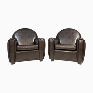 Art Deco French Leather Armchairs, 1970s, Set of 2
