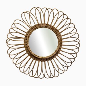 Vintage French Round Rattan Wall Mirror, 1960s