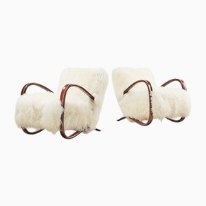 H-269 Lounge Chairs in Mongolian Sheepskin by Jindrich Halabala for Up Zavody, Czech Republic, 1930s, Set of 2