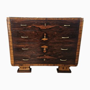 Art Deco Chest of Drawers in Burl and Mahogany Feather with Marble Top and Brass Handles, 1940s