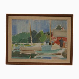 A. Jönsson, Boats, 1970s, Huile sur Panneau, Encadré
