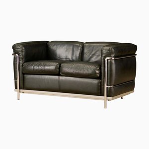 LC2 Loveseat Sofa aus schwarzem Leder von Le Corbusier für Cassina, 1990er