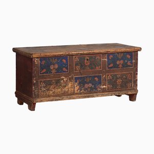 Antique Wooden Chest with Blue Floral Panels, 1905