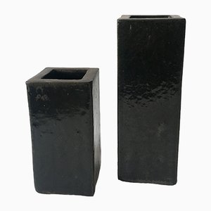 Black Cube Stoneware Vases, 1970s, Set of 2