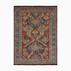 Dragon Soumak Style Rug in Red and Blue Geometric Patterns by Rug&Kilim