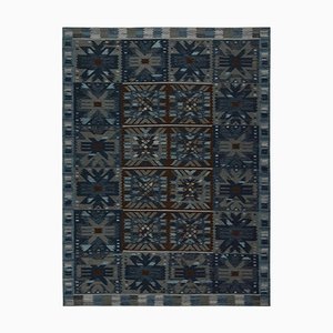 Scandinavian Kilim with Geometric Patterns in Dark Blue by Rug&Kilim