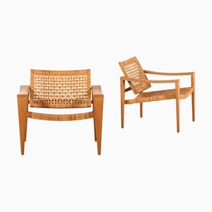 Sessel aus Eiche, Geflecht, Messing & Leder, Hans Wegner zugeschrieben, 1959, 2er Set