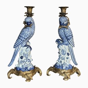 Large Ceramic and Gilt Metal Parrot Candlesticks, Set of 2