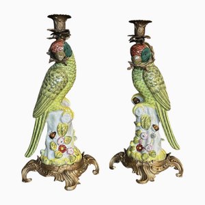 Large Ceramic and Gilt Metal Parrot Candlesticks, Set of 2