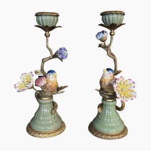 Portacandele Parrot grandi in ceramica e metallo dorato, set di 2