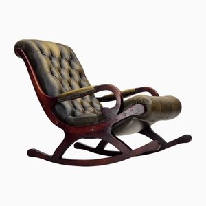 Chesterfield Rocking Chair in Green Leather and Teak, 1950s