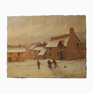 Kinder spielen im Schnee, Öl auf Leinwand, 1900