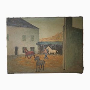 Scena di addestramento di cavalli in un'aia, anni '50, olio su tela