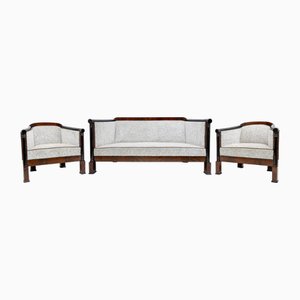 Biedermeier Mahogany Feather Armchairs and Sofa, Vienna, Austria, 1840s, Set of 3