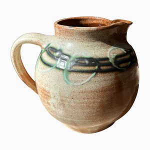 Large Sculptural 2-Tone Glazed Studio Ceramic Art Jug Vase with Ring Decor by Helma Klett, Germany, 1940s