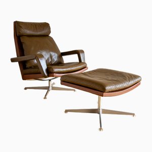 Set of Mid-Century Modern Leather Swivel Lounge Chair and Ottoman attributed to Hans Kaufeld, 1960s