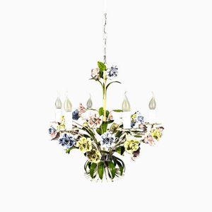 Italian Tole Chandelier with Porcelain Flowers, 1950s