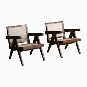 Poltrone PJ-SI-29-A in teak e canna di Pierre Jeanneret, anni '50, set di 2