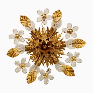 Florentine Ceiling Light in Gilded Metal and Crystal from Banci Firenze, 1970s