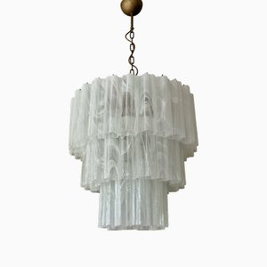 Lampadario grande in vetro di Murano bianco con motivo marmorizzato