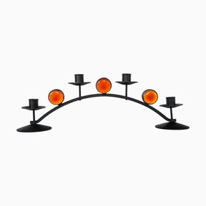 Swedish Wrought Iron and Orange Glass Candleholder by Lindshammar, 1970s
