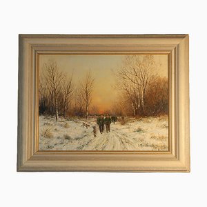 Gernot Rasenberger, Hunters at Dusk, 20e siècle, huile sur toile, encadrée