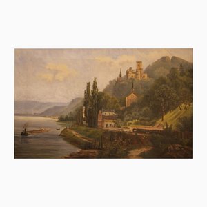 Rhine Landscape with Stolzenfels Castle, 1860, Oil on Canvas, Framed