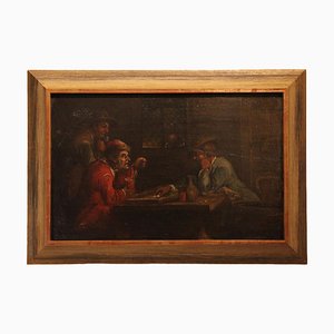 Dutch Tavern Scene with Dice Players, 17th Century, Oil on Wood, Framed