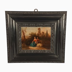 Paesaggio di ragazze con castello di capre, XVIII secolo, Dipinto ad olio su tela, Con cornice