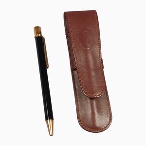 Vintage 24 Karat Gold-Plated Black Must de Cartier Ballpoint Pen with Case from Cartier, Set of 2