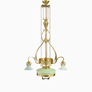 Verstellbarer Jugendstil Kronleuchter mit Blumenmotiven und Opalglasschirmen, 1910